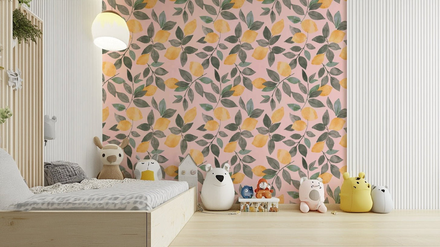 Mural wallpaper with watercolor lemons

