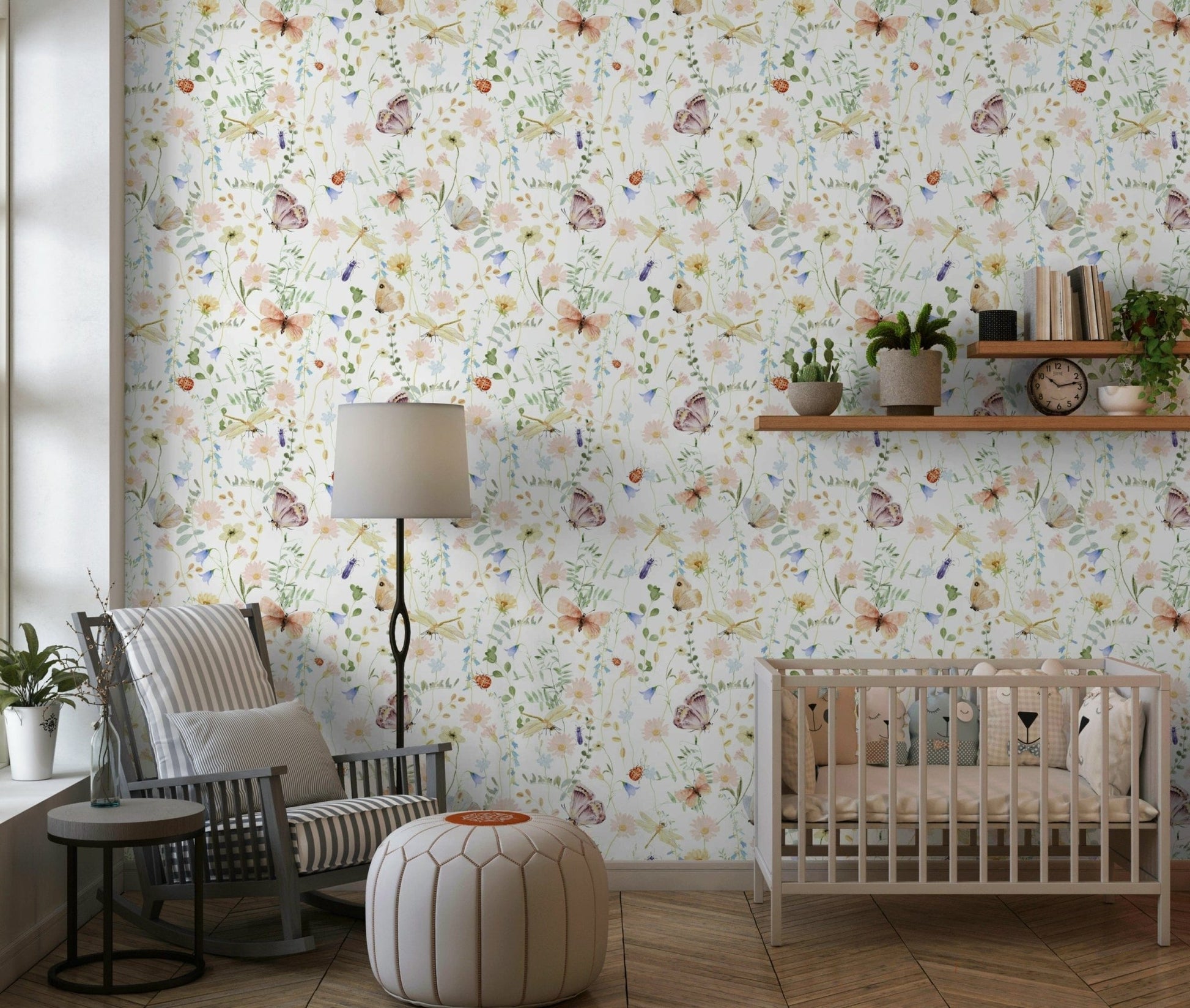 Watercolor Meadow Dreams serene wildflower bedroom wallpaper.