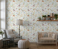 Watercolor Meadow Dreams serene wildflower bedroom wallpaper.