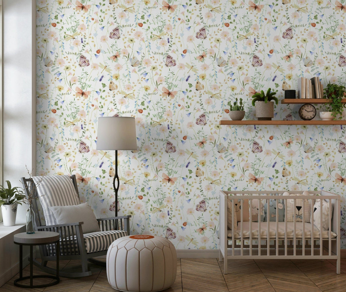 Watercolor Meadow Dreams serene wildflower bedroom wallpaper., GD7165