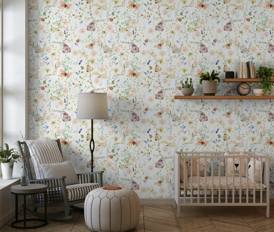Watercolor Meadow Dreams serene wildflower bedroom wallpaper., GD7165