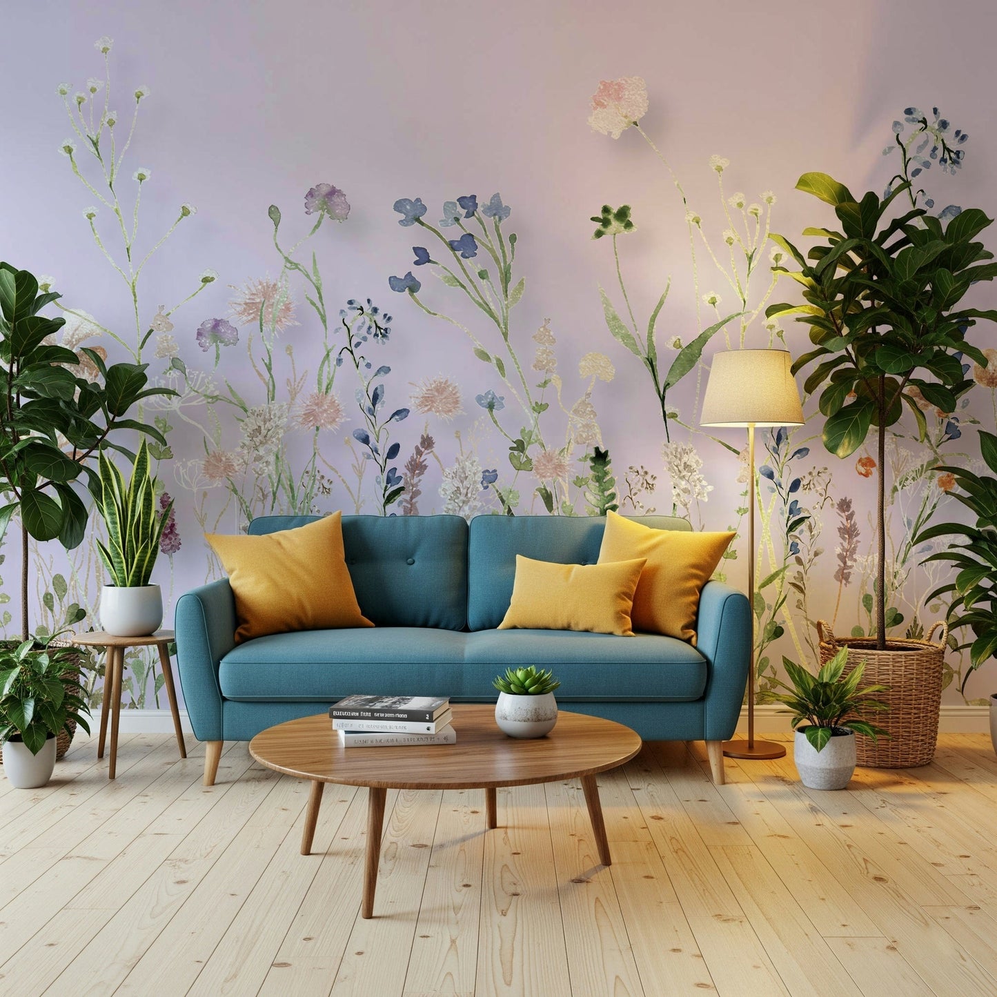 Bedroom feature wall with the Watercolor Meadow Wall Mural.