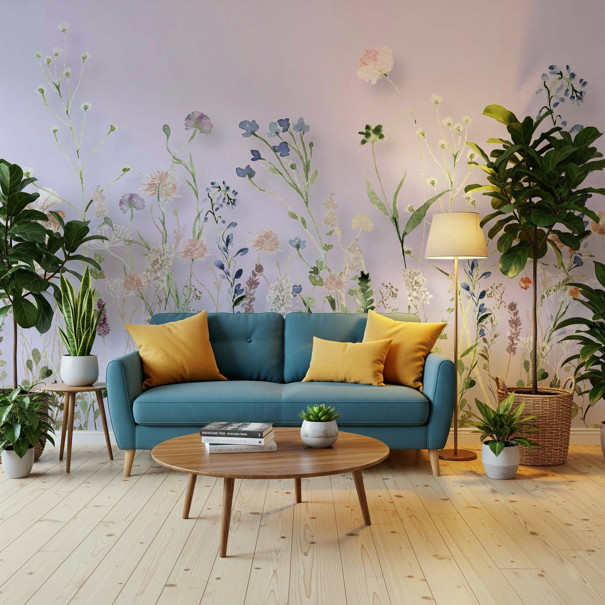 Bedroom feature wall with the Watercolor Meadow Wall Mural.