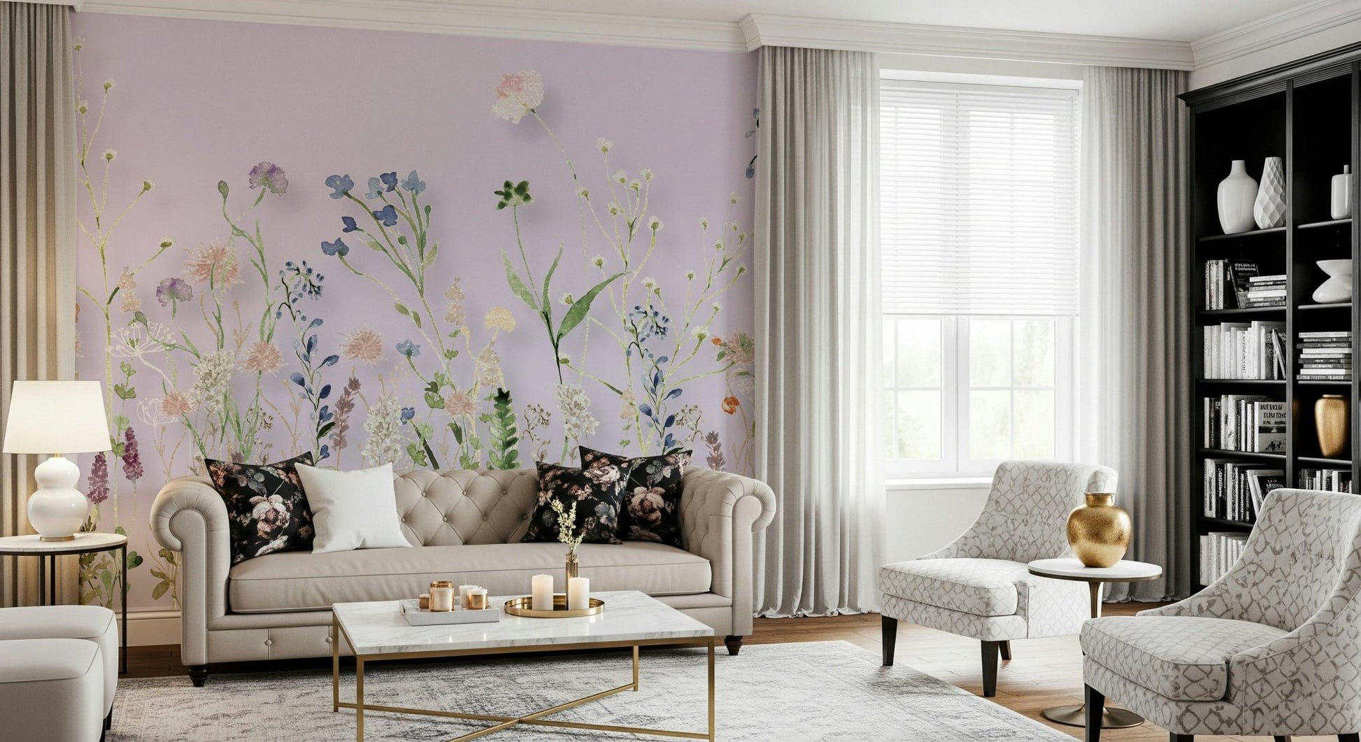 Pale pink flower buds on the Watercolor Meadow Wall Mural.