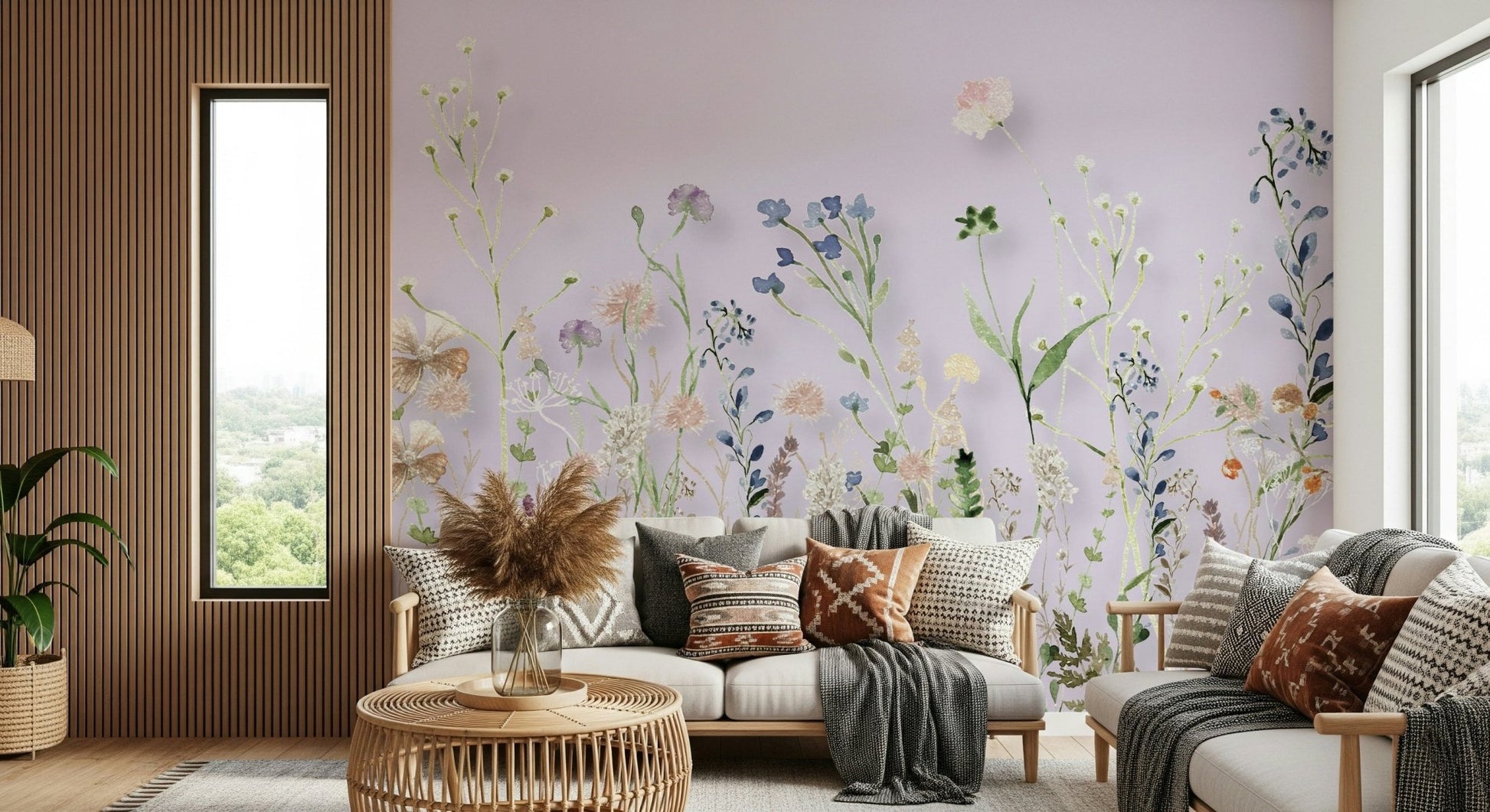 Small blue blossoms on Watercolor Meadow Wall Mural texture.