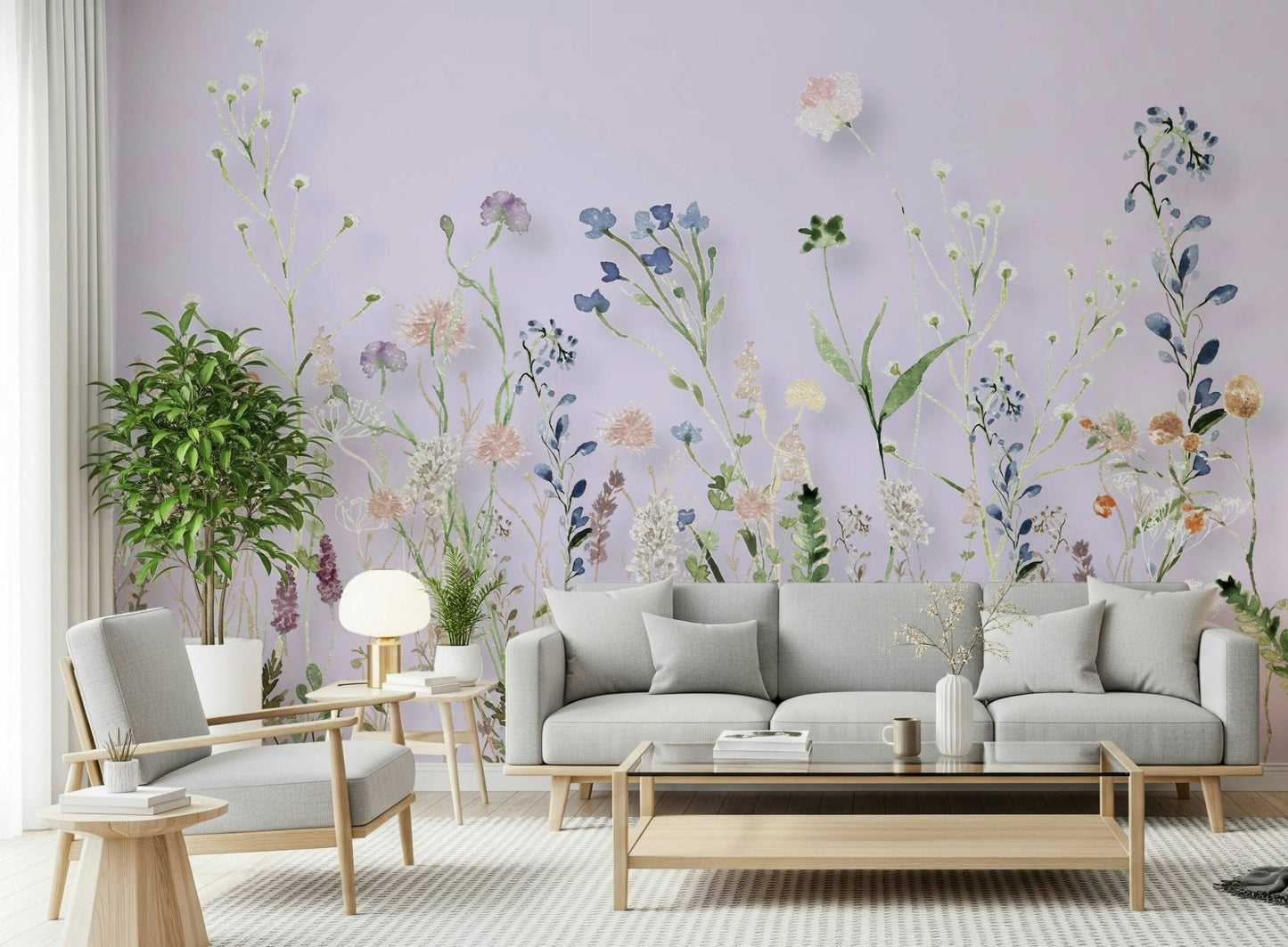 Airy living room decor using the Watercolor Meadow Wall Mural.