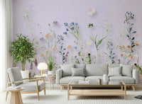 Airy living room decor using the Watercolor Meadow Wall Mural.