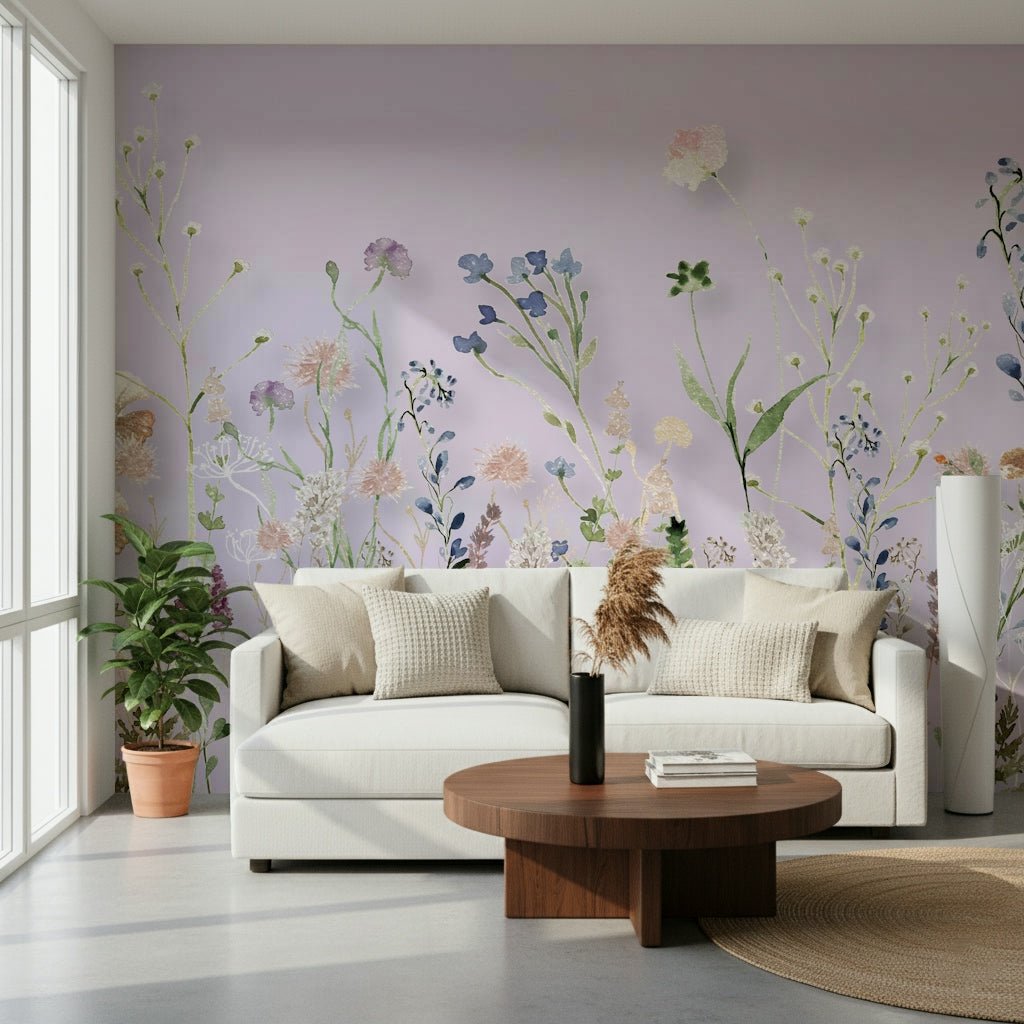Artistic hallway feature with Watercolor Meadow Wall Mural colors.