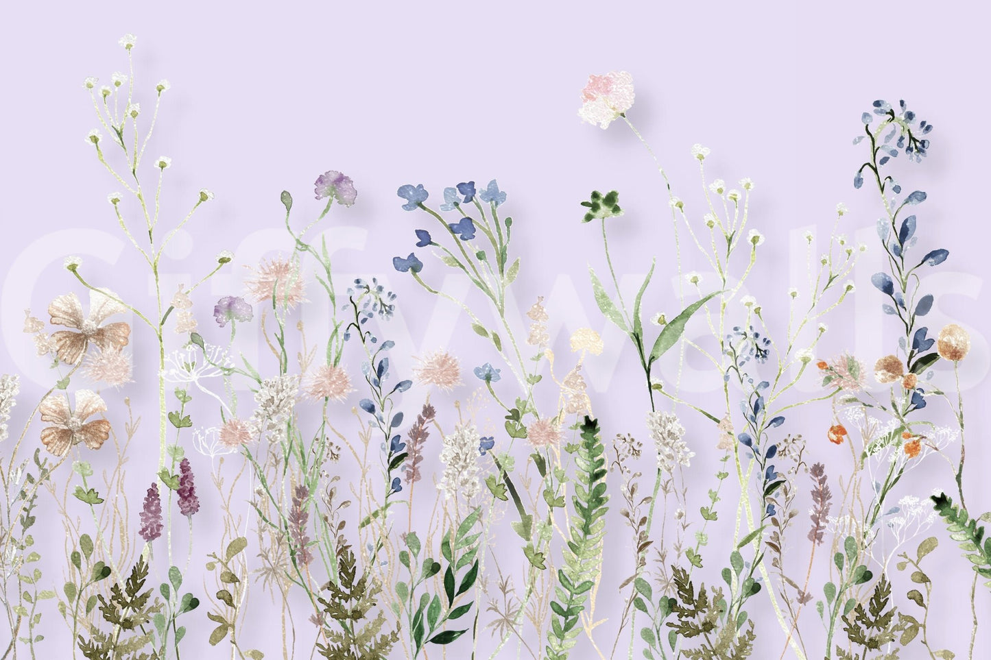 Shelving backdrop featuring Watercolor Meadow Wall Mural image.
