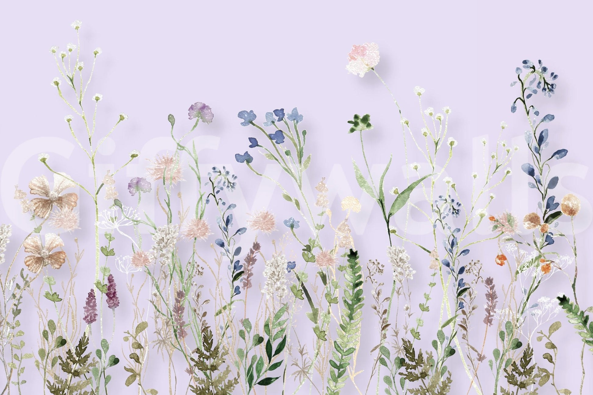 Shelving backdrop featuring Watercolor Meadow Wall Mural image.