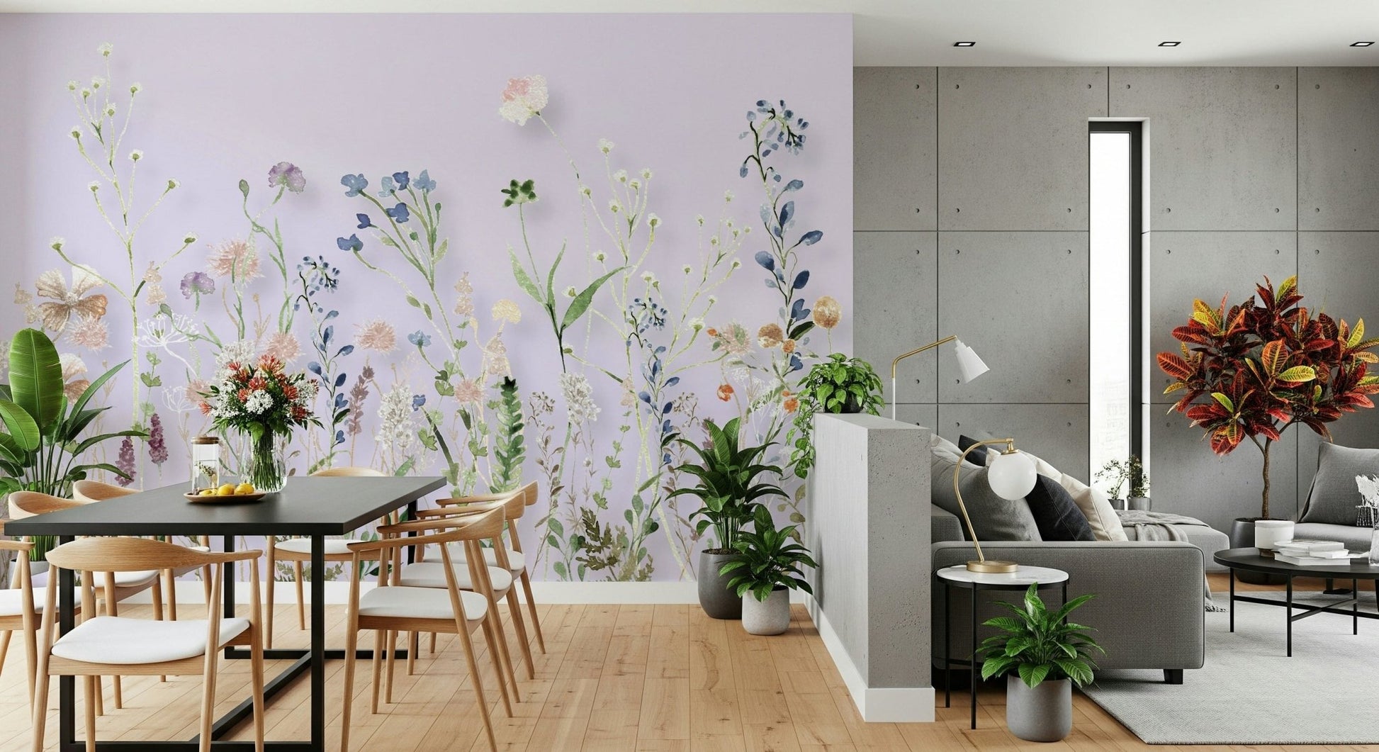 Green and brown fern leaves on Watercolor Meadow Wall Mural.