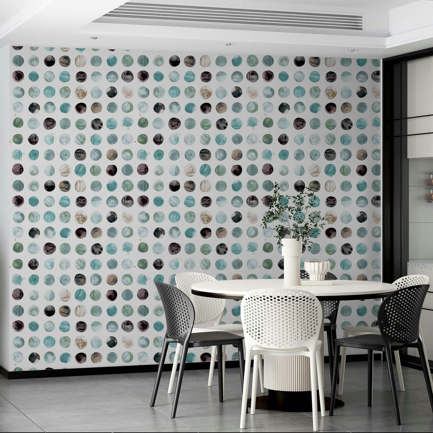 Soft blue watercolor dots in a Scandinavian wallpaper style.

