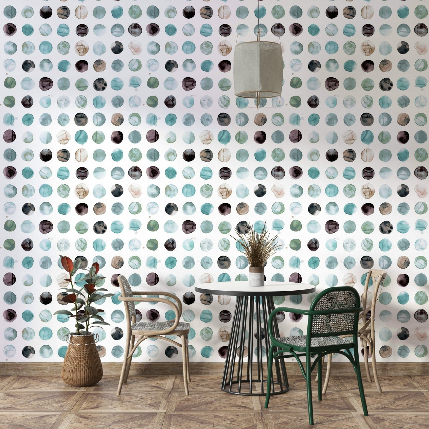 Aqua blue watercolor dots wallpaper in Scandi style.

