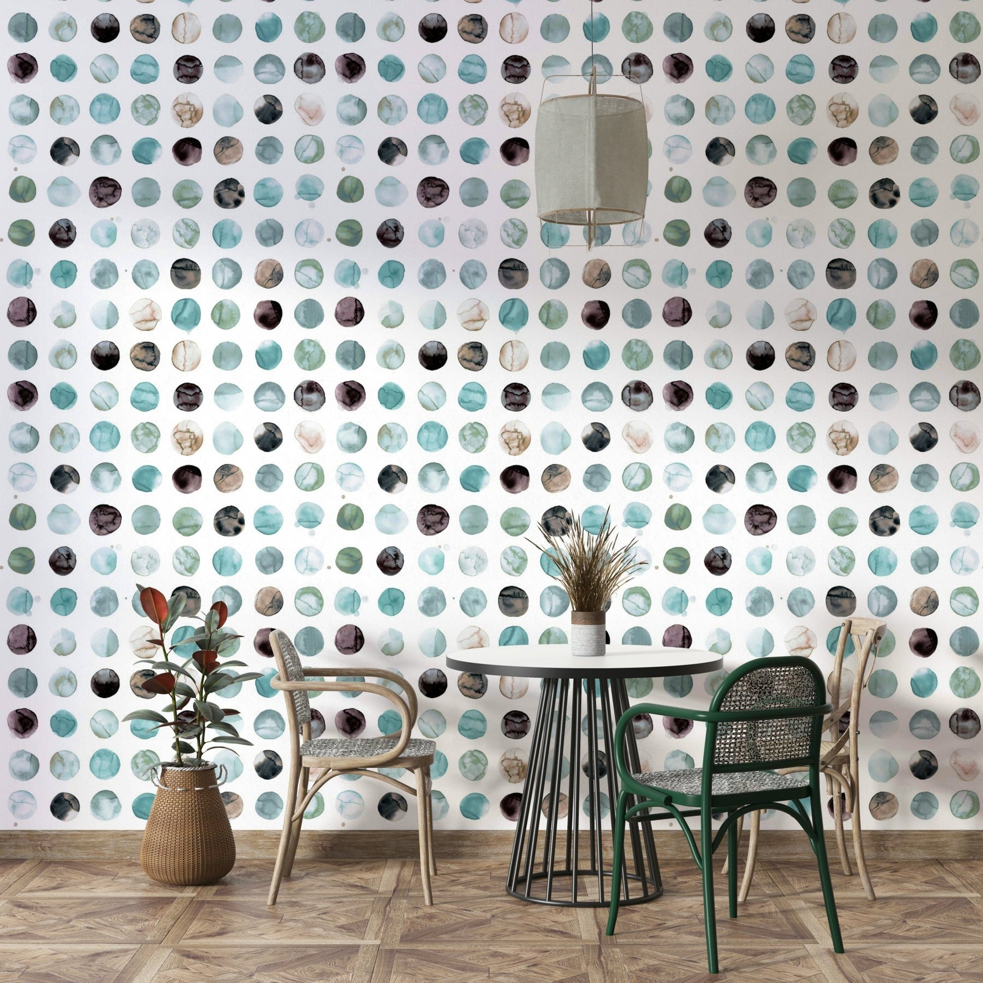 Aqua blue watercolor dots wallpaper in Scandi style.

