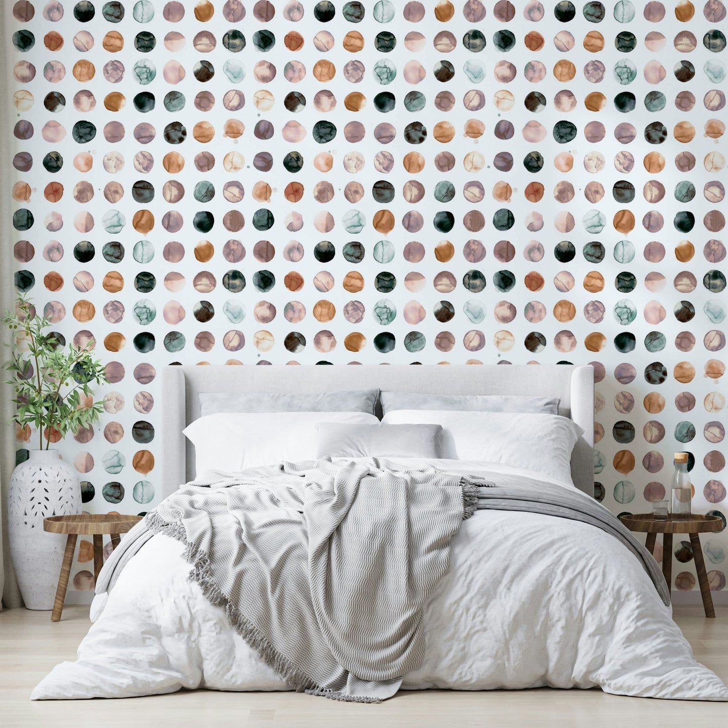 Soft terracotta watercolor dots for Scandinavian rooms

