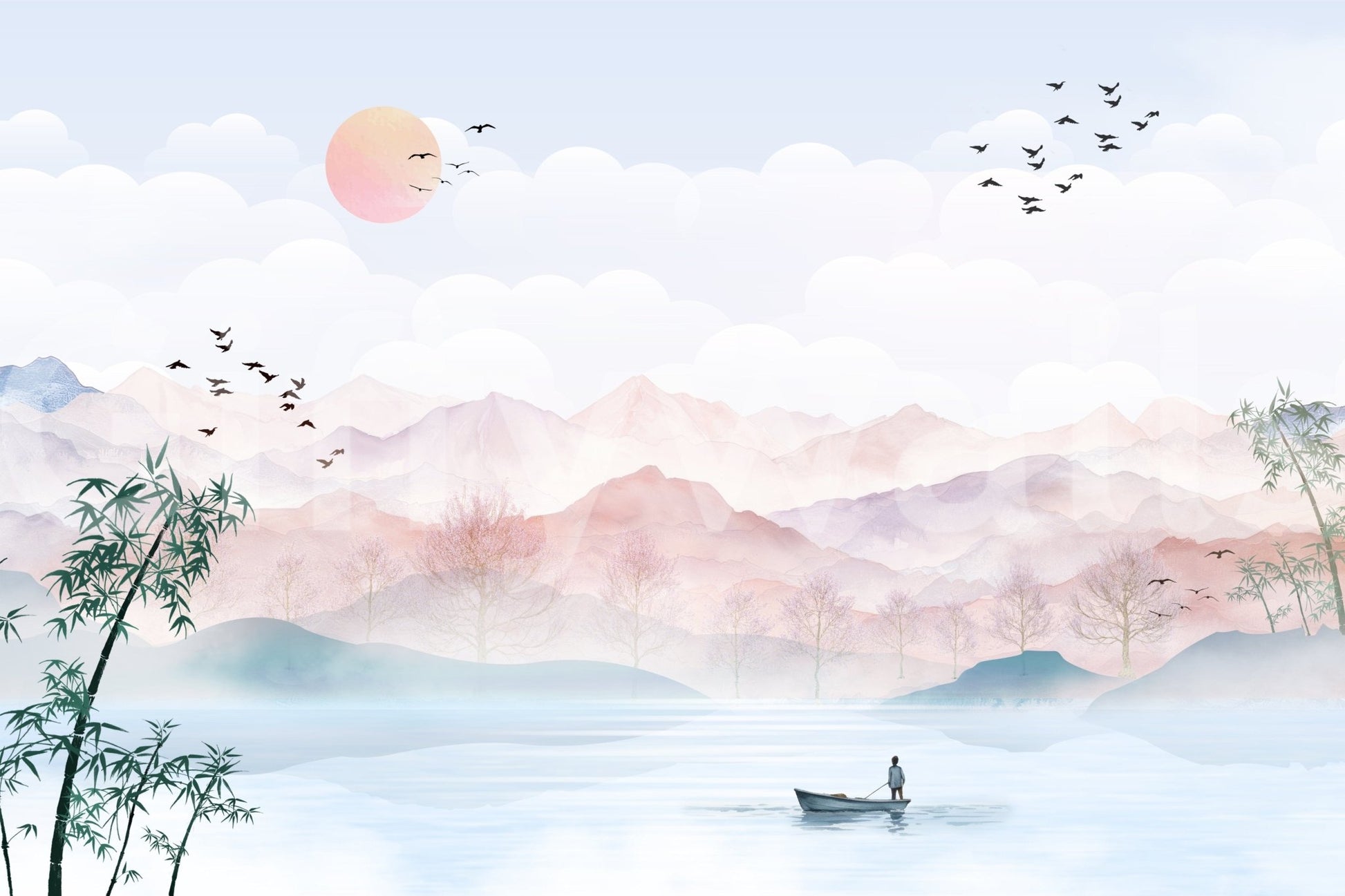 Dark Watercolor Mountain Haze wall mural for a moody master suite.