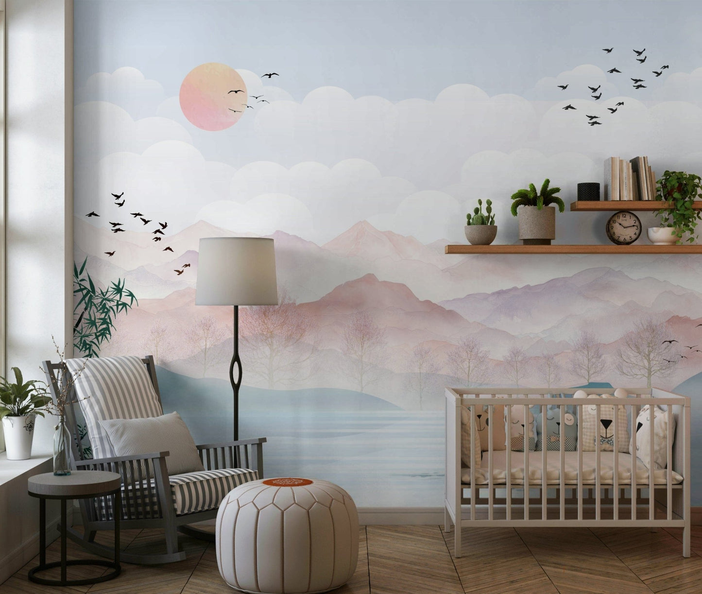 Watercolor Mountain Haze wall mural with blue tones in a corridor.