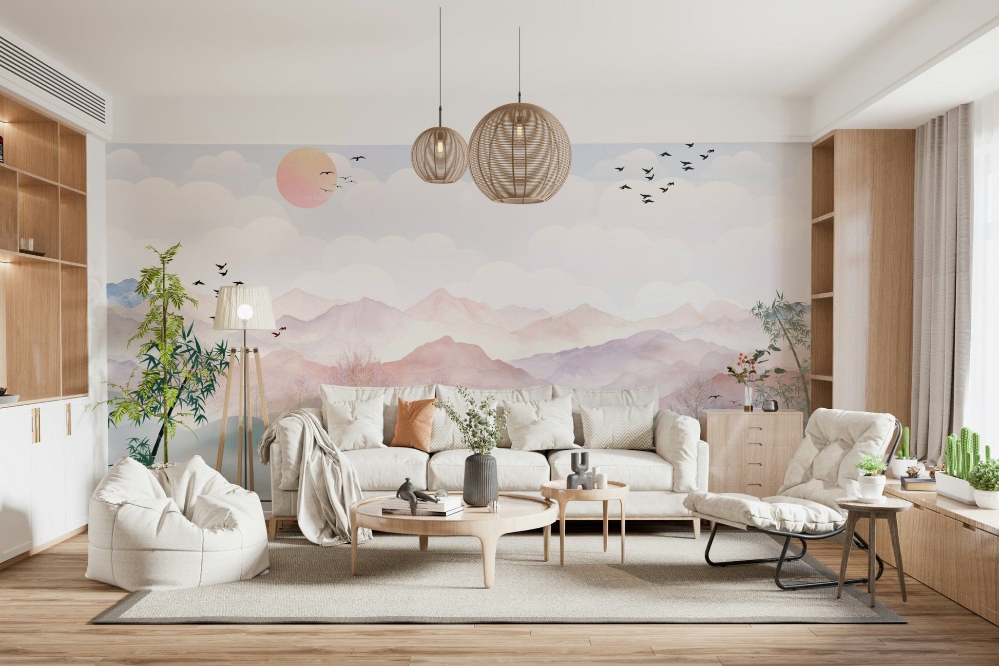 Watercolor Mountain Haze wall mural with muted earthy hues in a lounge.