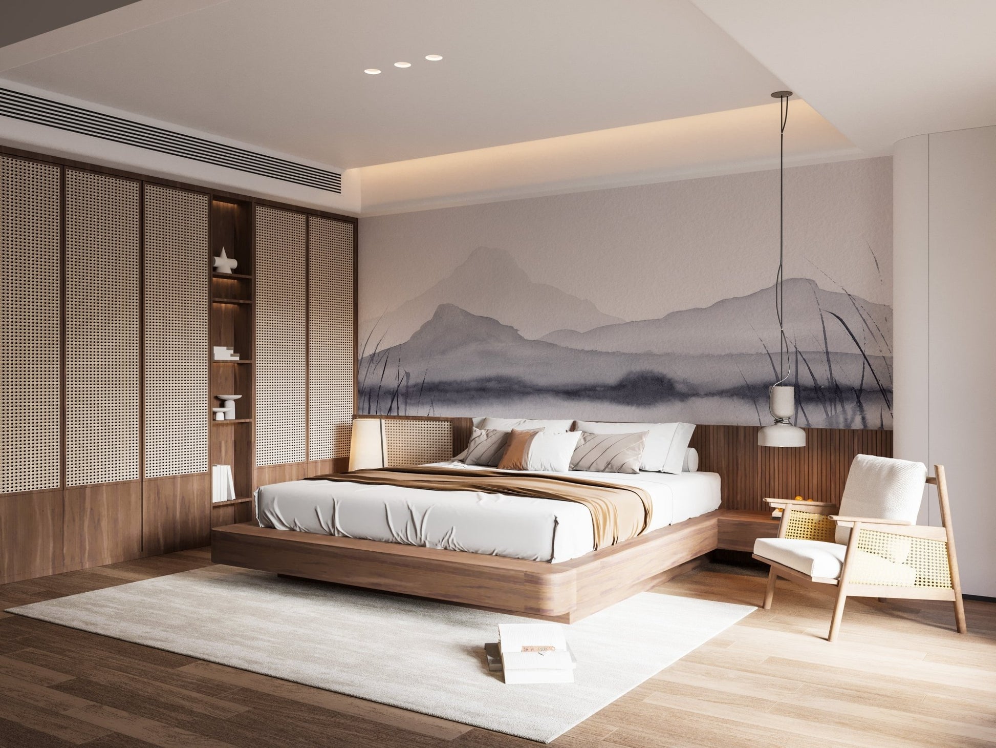Hand-painted mountain scenery wallpaper in gray tones.