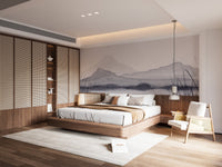 Hand-painted mountain scenery wallpaper in gray tones.