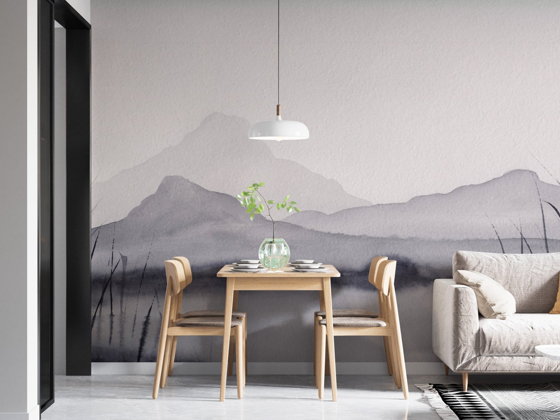 Monochrome mountain scene wallpaper with watercolor effect.