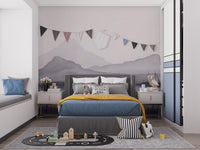 Watercolor mountain scenery wallpaper for calming interiors.