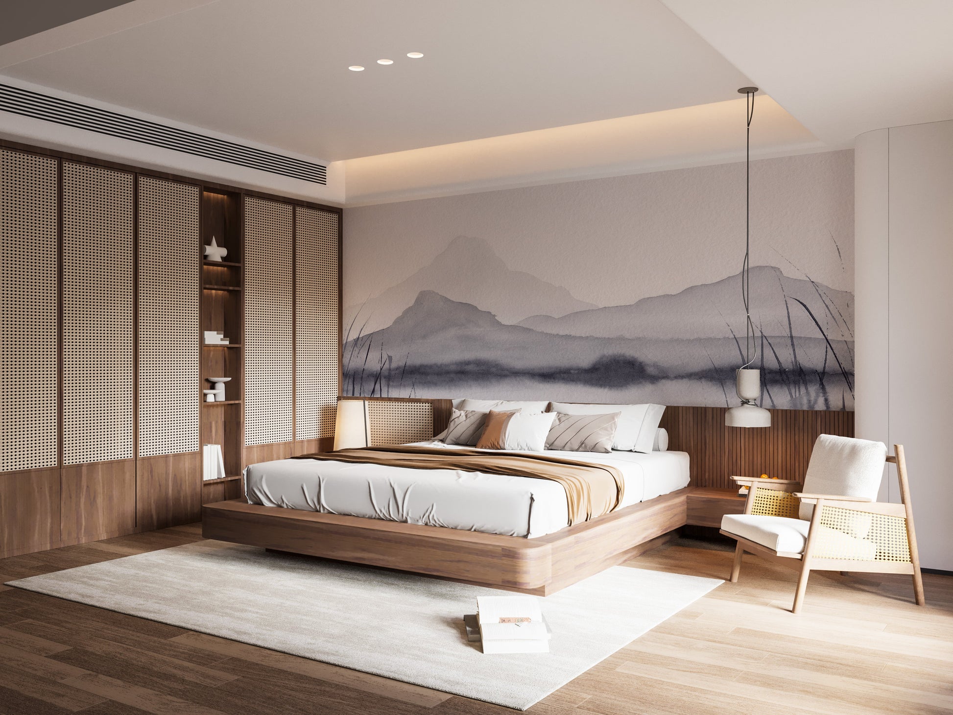 Hand-painted mountain scenery wallpaper in gray tones.