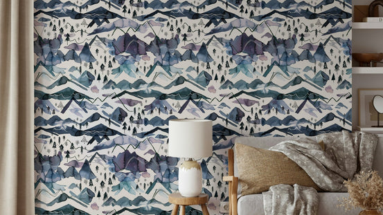 Dreamy watercolor mountain wallpaper in blue and mauve tones., GD1567