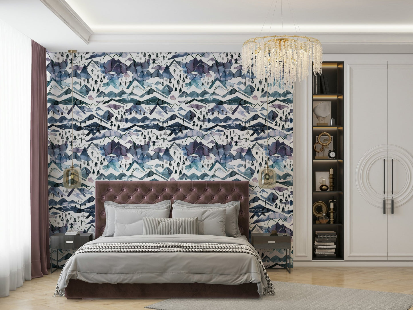 Blue and mauve watercolor mountains bringing calm vibes to walls.

