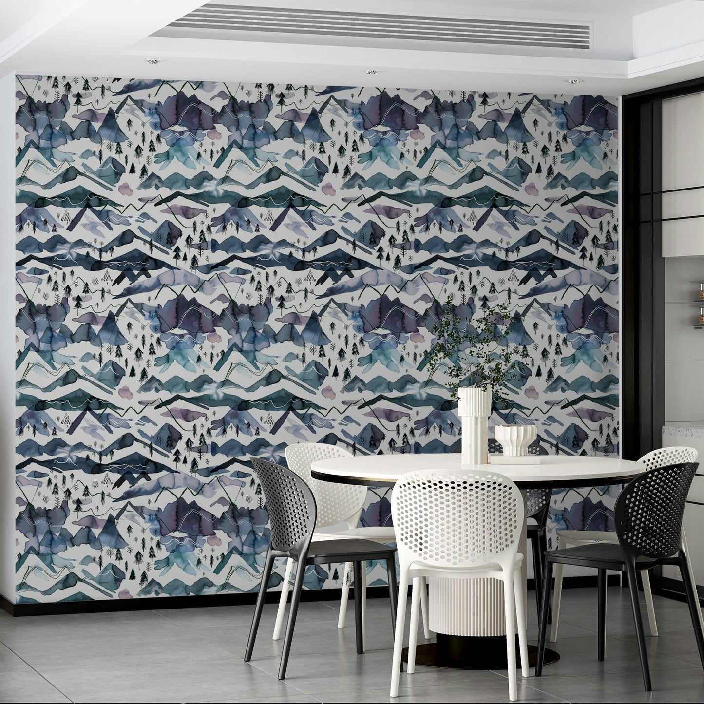 Stunning blue and mauve watercolor mountains for walls.

