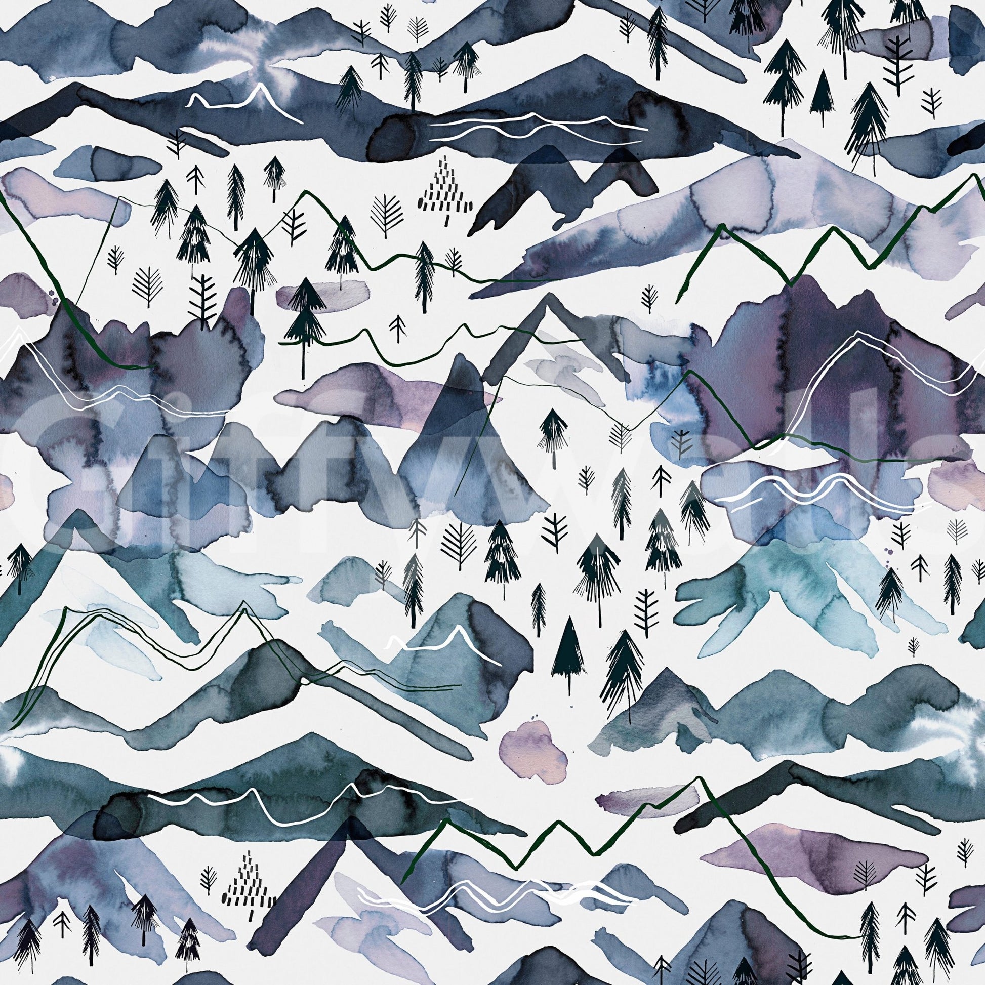 Soft, pastel watercolor mountains in blue and mauve wallpaper.


