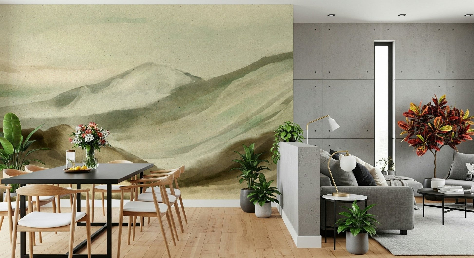A beautiful watercolor mountainscape wallpaper mural for a modern home.