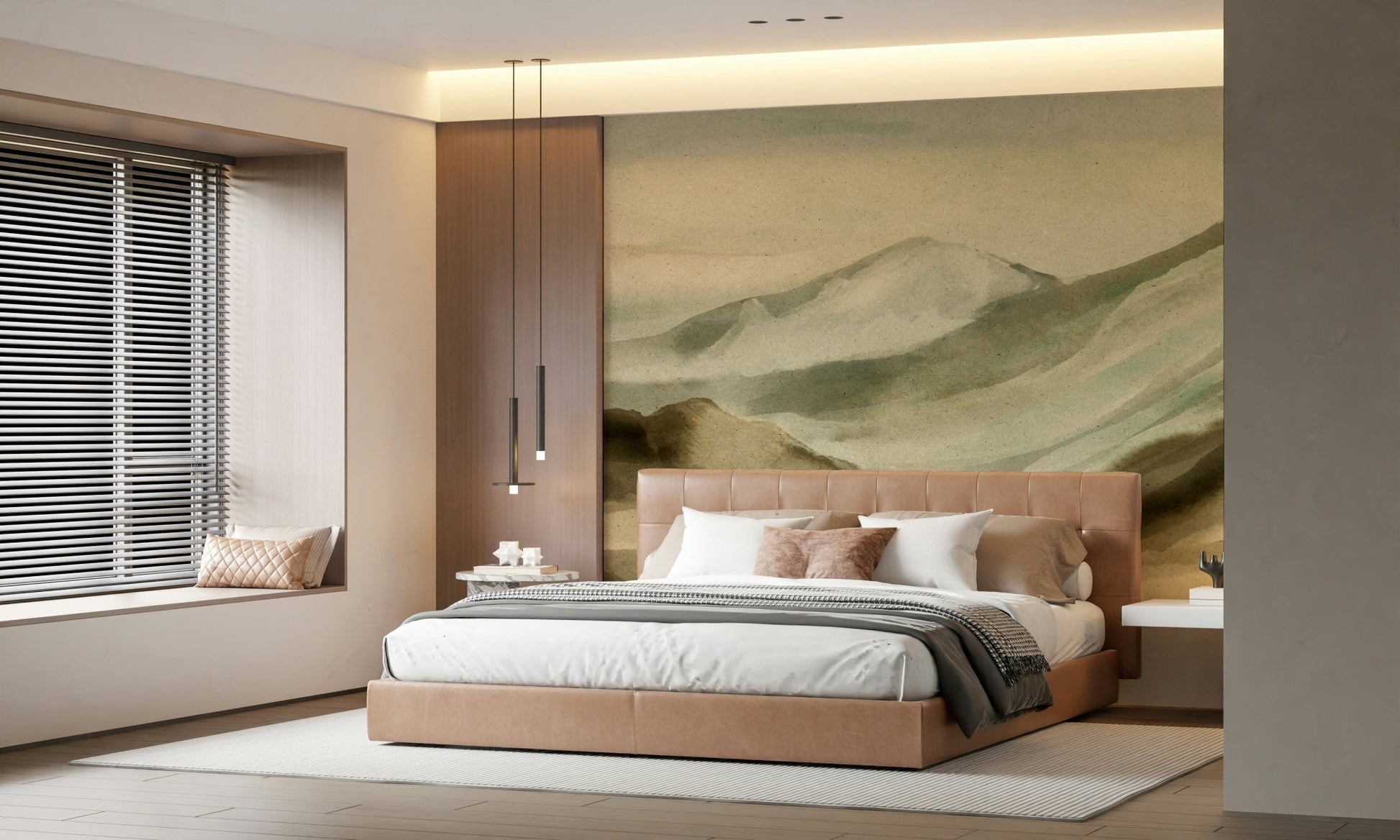 An artistic delicate landscape mural on minimalist wallpaper.