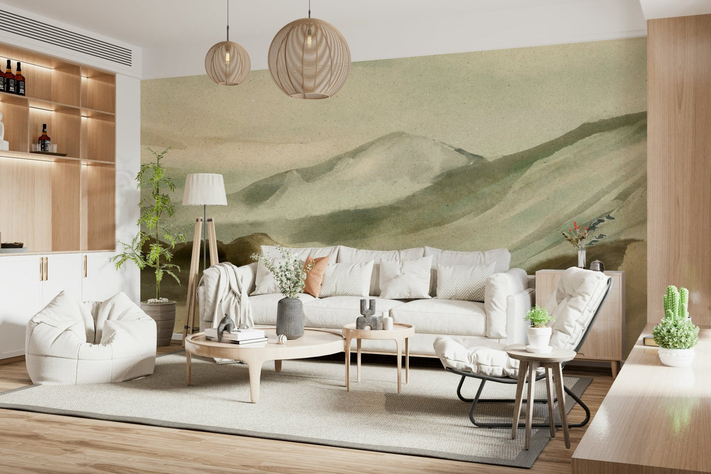 A peaceful scenic vista mural on decorative wallpaper.