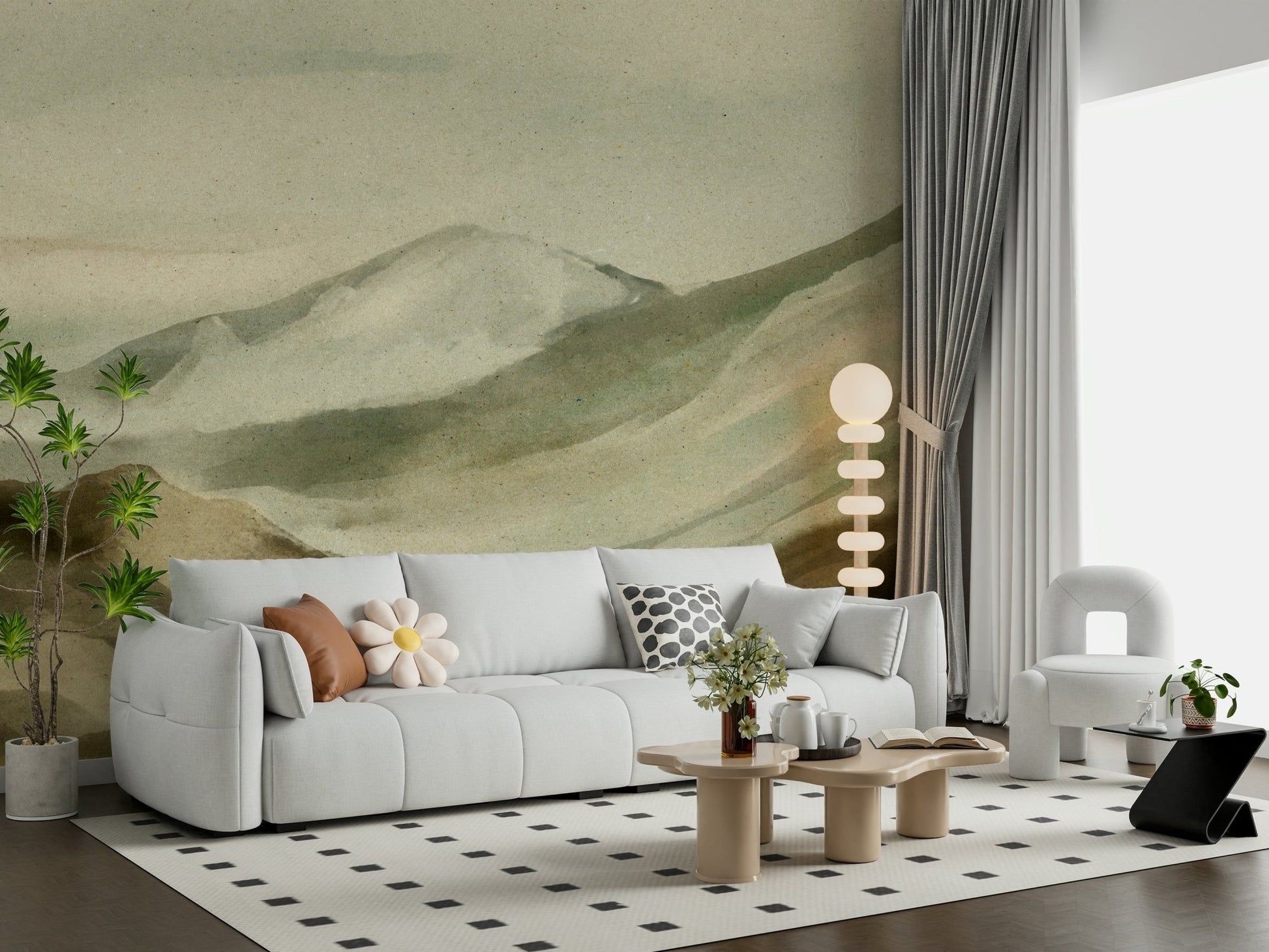 A graceful subtle pattern wall mural in soft, watercolor tones.