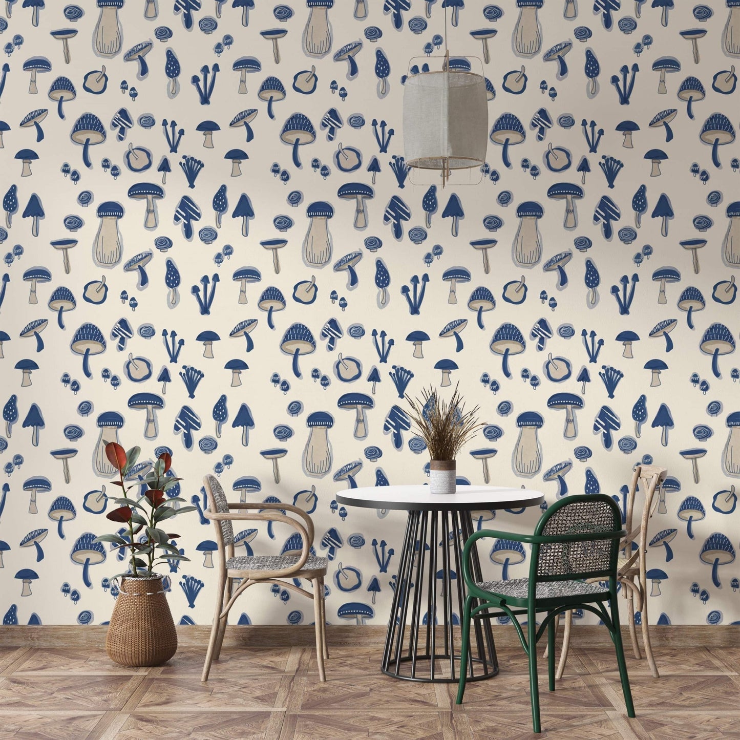 Nature-inspired Watercolor Mushrooms Navy Blue Wallpaper