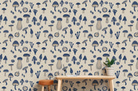 Beautiful Watercolor Mushrooms Navy Blue Wallpaper