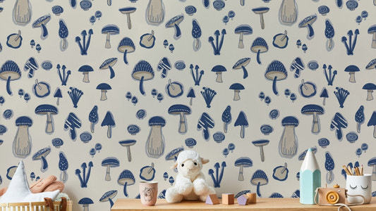 Navy Blue Watercolor Mushrooms Wallpaper for walls