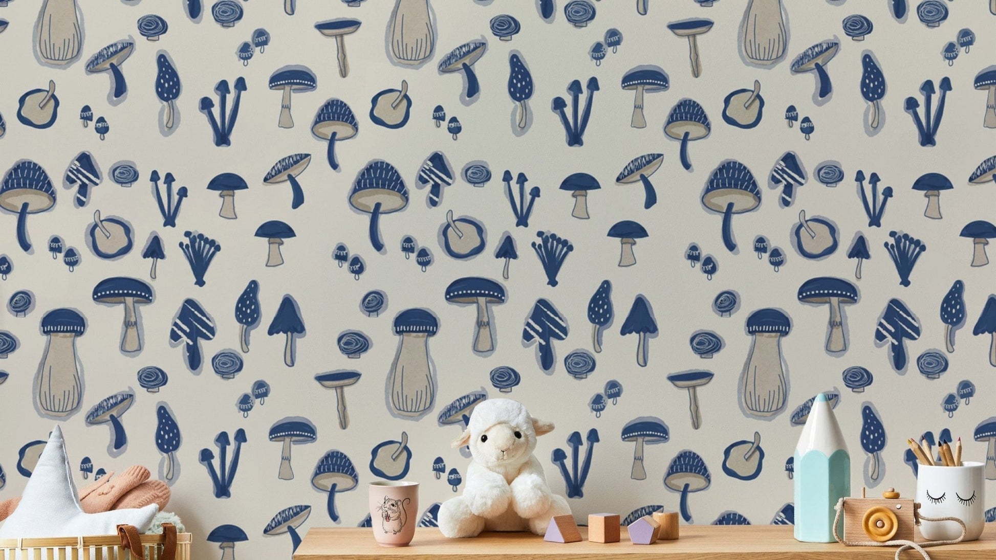 Navy Blue Watercolor Mushrooms Wallpaper for walls