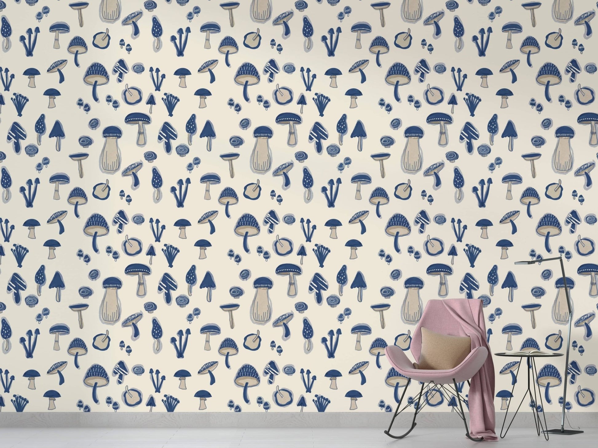 Watercolor mushroom navy blue wallpaper for rooms
