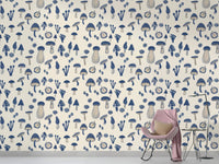 Watercolor mushroom navy blue wallpaper for rooms
