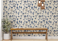Navy blue watercolor mushrooms wallpaper for decor