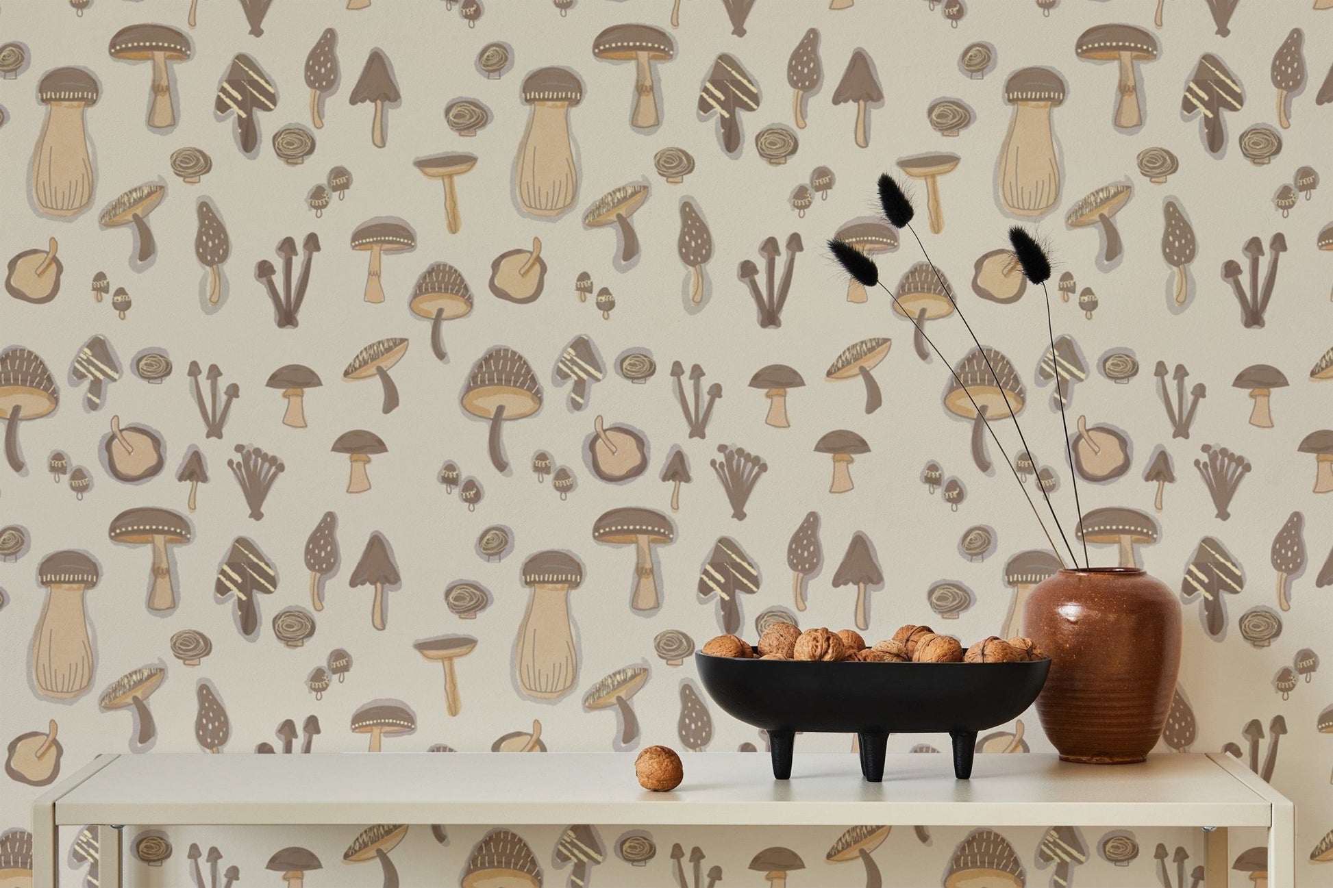 Soft Watercolor Mushrooms Sand Color Wallpaper mural