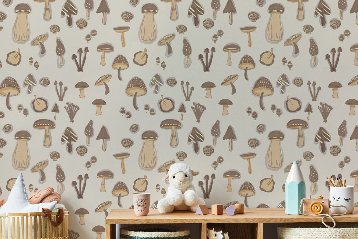 Watercolor Mushrooms Sand Color Wallpaper design