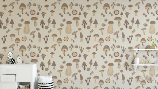 Sand-colored Watercolor Mushrooms Wallpaper for decor, SUSCT39
