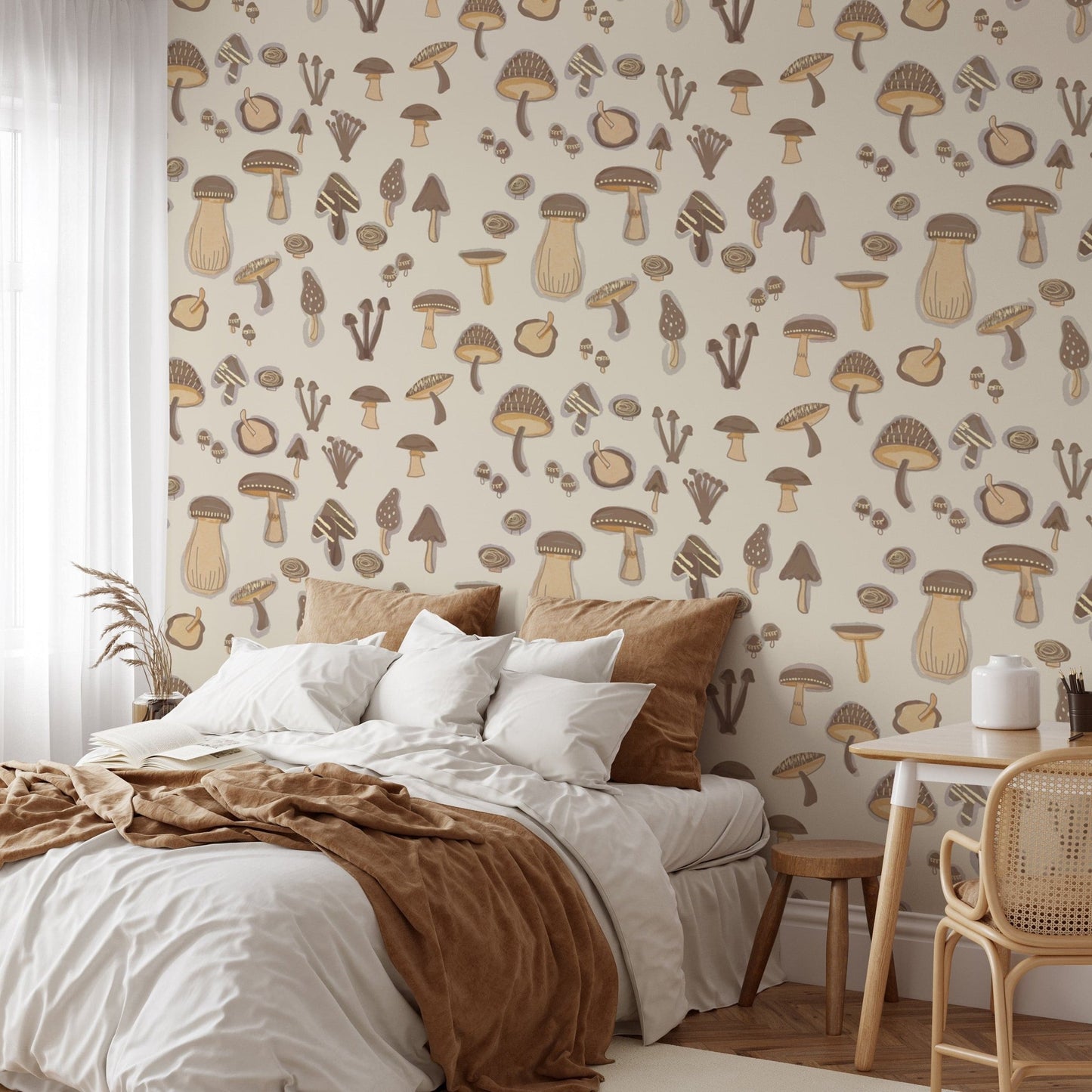 Nature-inspired Watercolor Mushrooms Sand Color Wallpaper