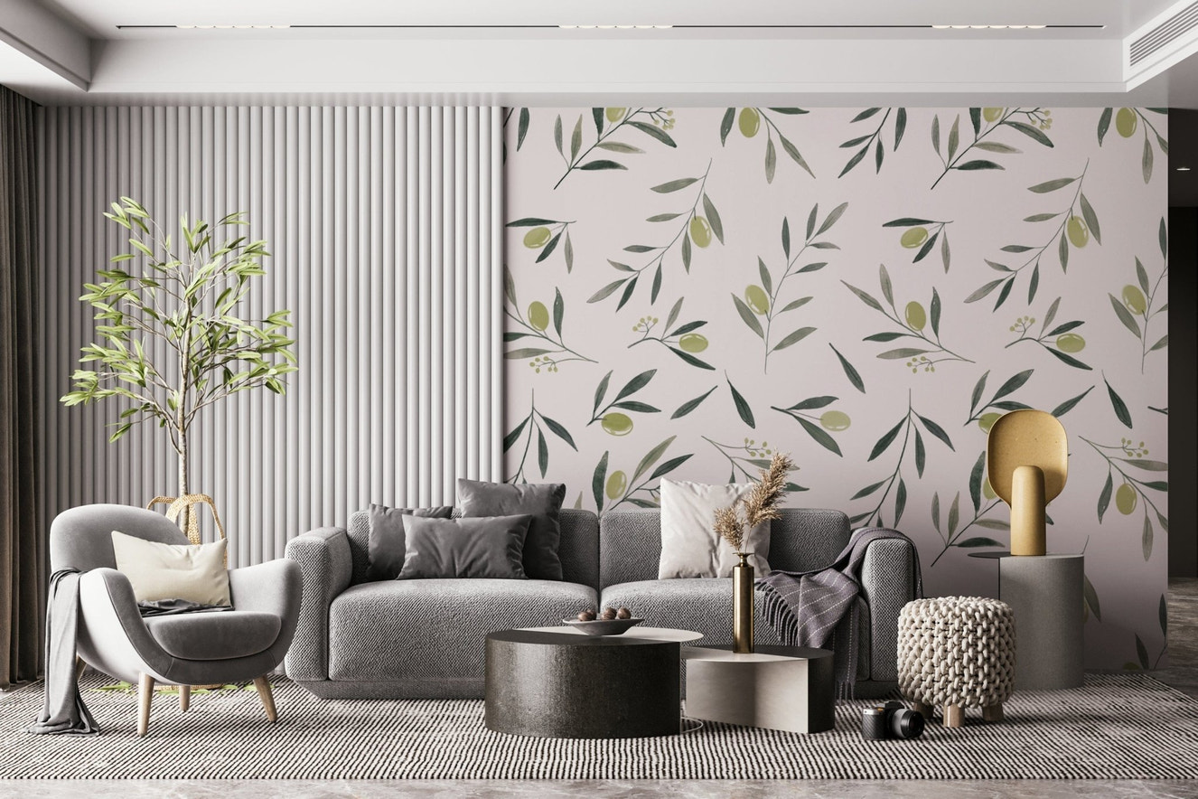 A beautiful watercolor olive garden wallpaper mural with leaves and fruit.