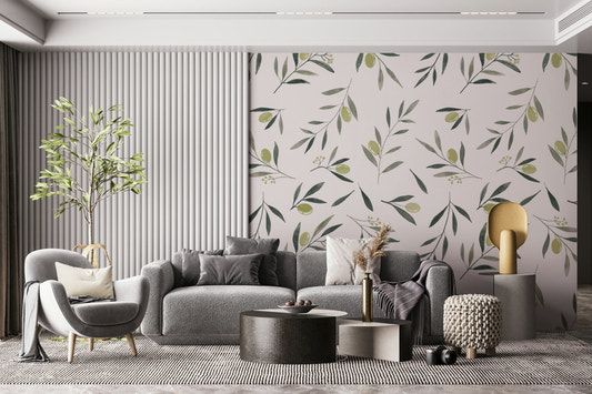 A beautiful watercolor olive garden wallpaper mural with leaves and fruit.