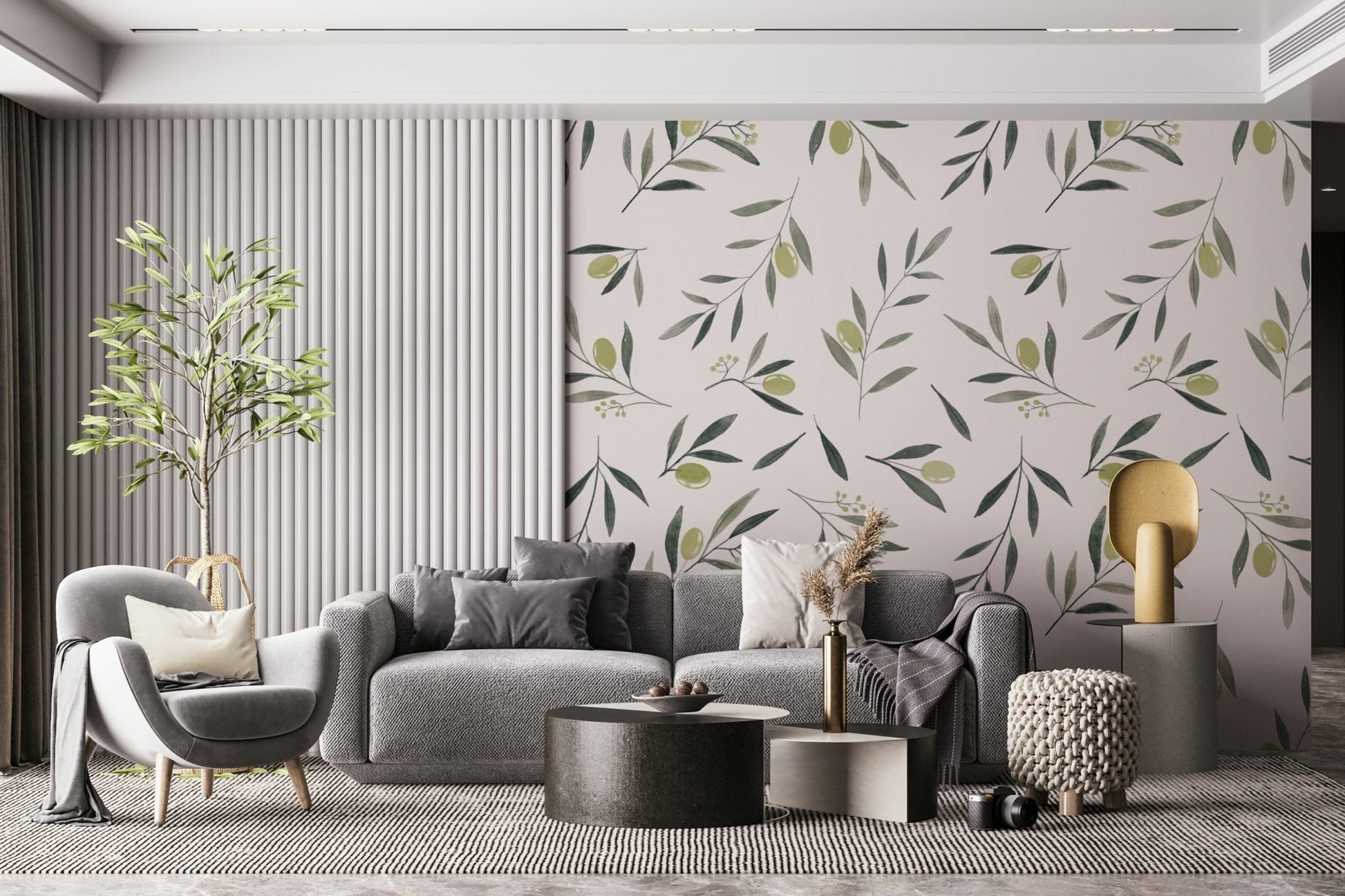 A beautiful watercolor olive garden wallpaper mural with leaves and fruit.