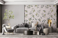 A beautiful watercolor olive garden wallpaper mural with leaves and fruit.